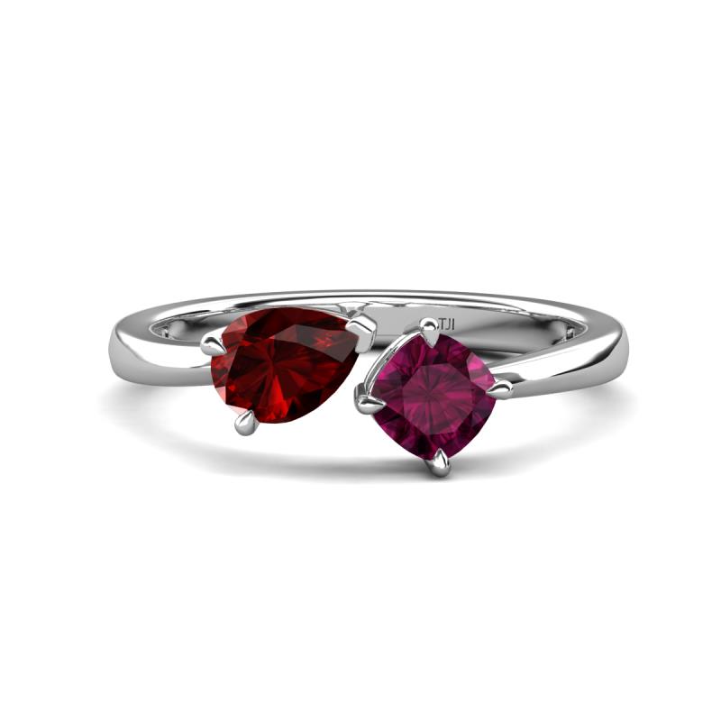 Lysha 1.52 ctw Red Garnet Pear Shape (7x5 mm) & Rhodolite Garnet Cushion Shape (5.00 mm) Toi Et Moi Engagement Ring 