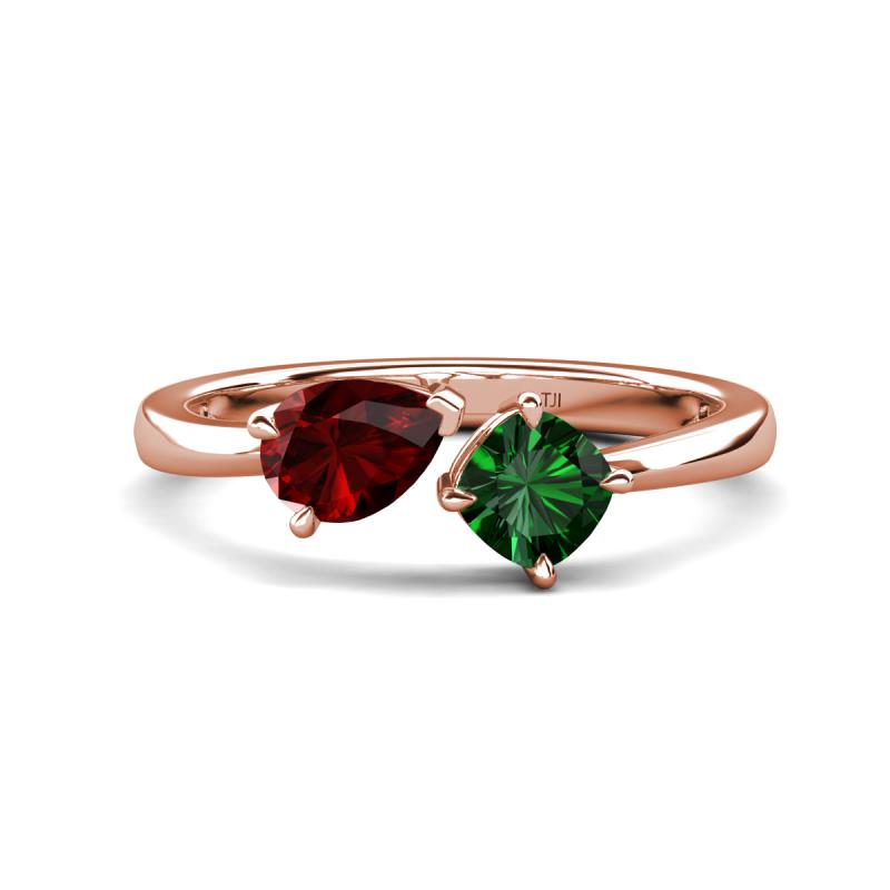Lysha 1.45 ctw Red Garnet Pear Shape (7x5 mm) & Lab Created Emerald Cushion Shape (5.00 mm) Toi Et Moi Engagement Ring 