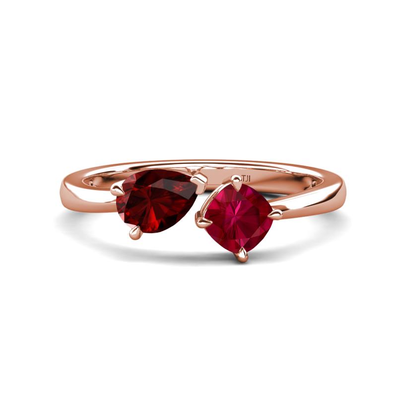 Lysha 1.71 ctw Red Garnet Pear Shape (7x5 mm) & Lab Created Ruby Cushion Shape (5.00 mm) Toi Et Moi Engagement Ring 