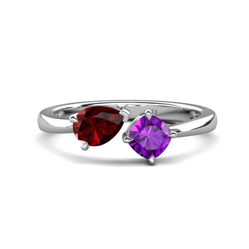 Lysha 1.40 ctw Red Garnet Pear Shape (7x5 mm) & Amethyst Cushion Shape (5.00 mm) Toi Et Moi Engagement Ring 