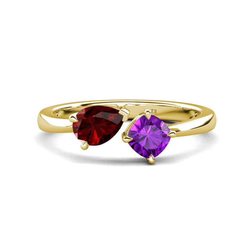 Lysha 1.40 ctw Red Garnet Pear Shape (7x5 mm) & Amethyst Cushion Shape (5.00 mm) Toi Et Moi Engagement Ring 