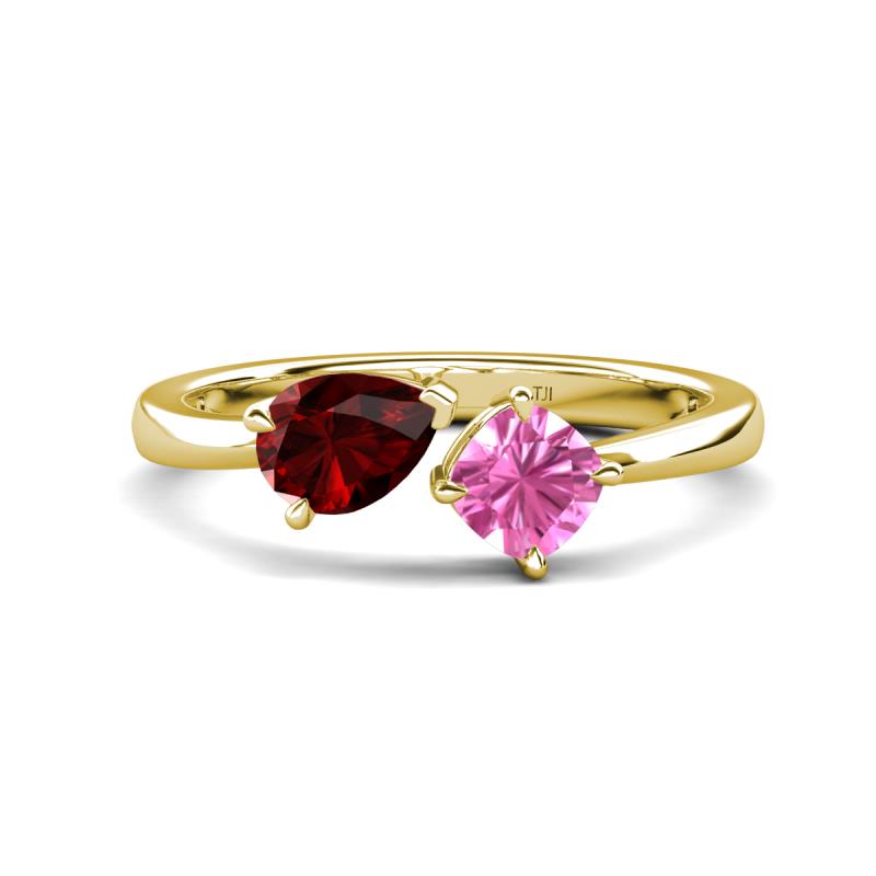 Lysha 1.71 ctw Red Garnet Pear Shape (7x5 mm) & Lab Created Pink Sapphire Cushion Shape (5.00 mm) Toi Et Moi Engagement Ring 
