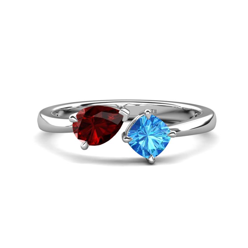 Lysha 1.65 ctw Red Garnet Pear Shape (7x5 mm) & Blue Topaz Cushion Shape (5.00 mm) Toi Et Moi Engagement Ring 