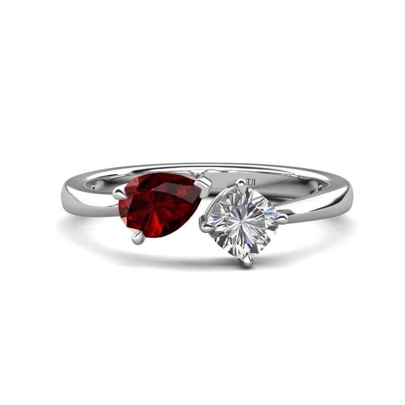 Lysha 1.47 ctw Red Garnet Pear Shape (7x5 mm) & Moissanite Cushion Shape (5.00 mm) Toi Et Moi Engagement Ring 