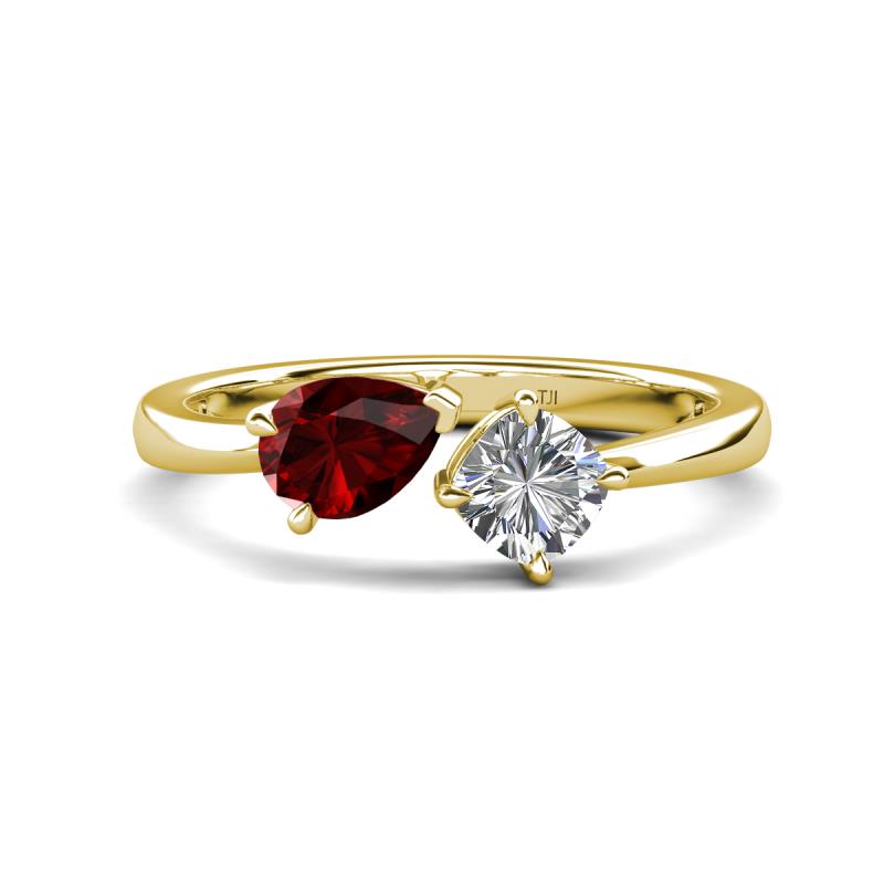 Lysha 1.47 ctw Red Garnet Pear Shape (7x5 mm) & Moissanite Cushion Shape (5.00 mm) Toi Et Moi Engagement Ring 