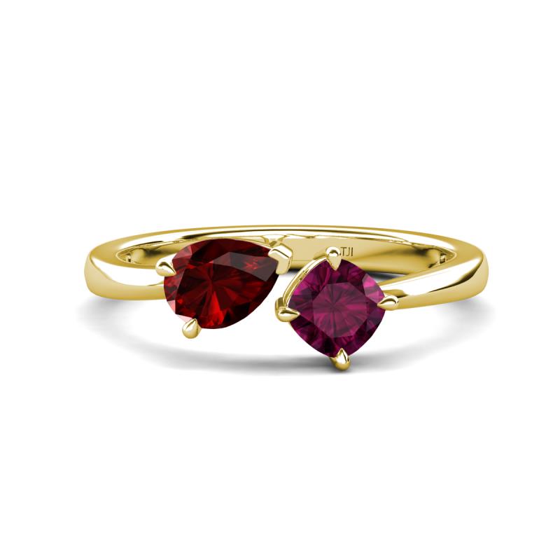 Lysha 1.52 ctw Red Garnet Pear Shape (7x5 mm) & Rhodolite Garnet Cushion Shape (5.00 mm) Toi Et Moi Engagement Ring 