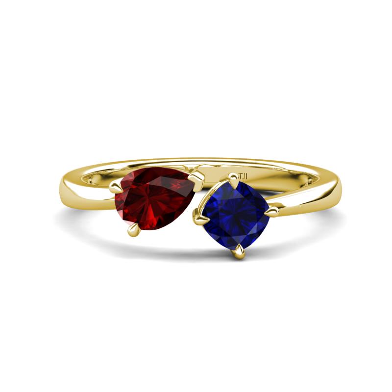 Lysha 1.71 ctw Red Garnet Pear Shape (7x5 mm) & Lab Created Blue Sapphire Cushion Shape (5.00 mm) Toi Et Moi Engagement Ring 