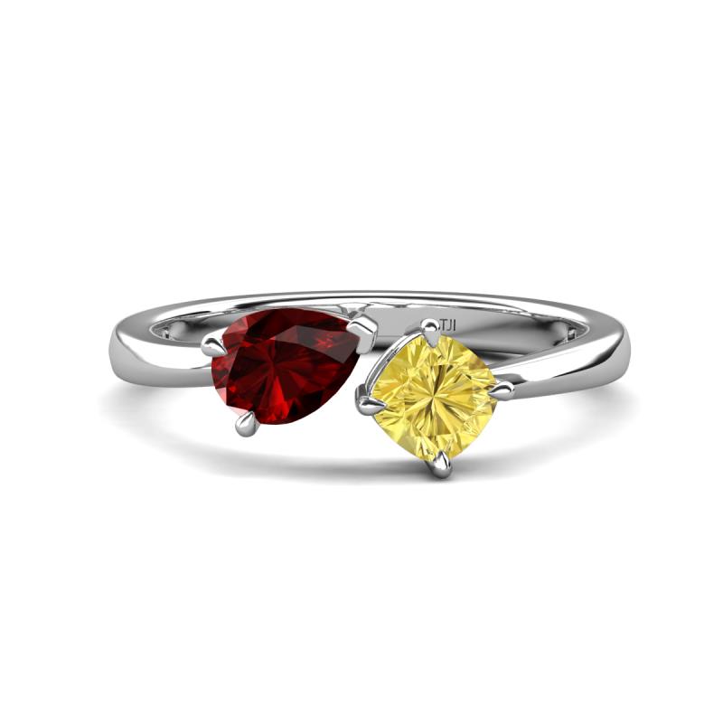 Lysha 1.71 ctw Red Garnet Pear Shape (7x5 mm) & Lab Created Yellow Sapphire Cushion Shape (5.00 mm) Toi Et Moi Engagement Ring 