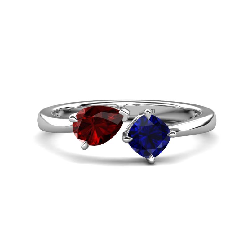 Lysha 1.71 ctw Red Garnet Pear Shape (7x5 mm) & Lab Created Blue Sapphire Cushion Shape (5.00 mm) Toi Et Moi Engagement Ring 