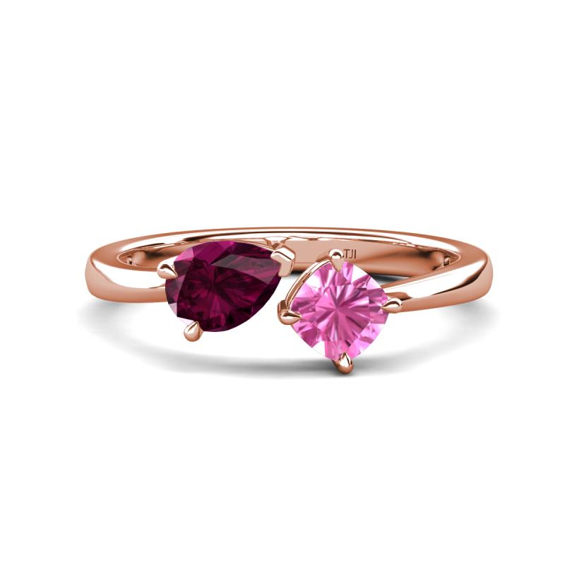 Lysha 1.71 ctw Rhodolite Garnet Pear Shape (7x5 mm) & Lab Created Pink Sapphire Cushion Shape (5.00 mm) Toi Et Moi Engagement Ring 