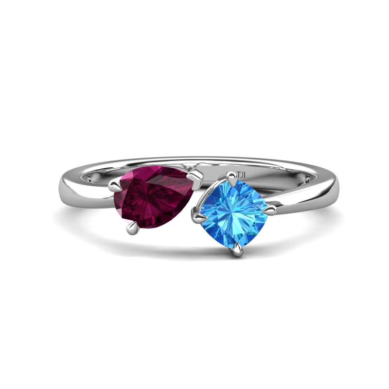 Lysha 1.65 ctw Rhodolite Garnet Pear Shape (7x5 mm) & Blue Topaz Cushion Shape (5.00 mm) Toi Et Moi Engagement Ring 