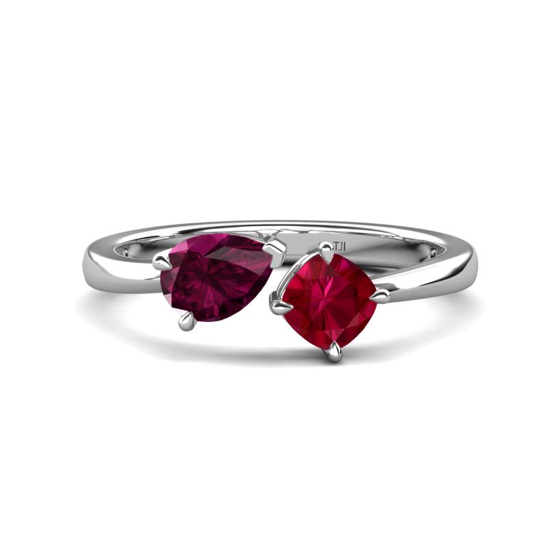 Lysha 1.71 ctw Rhodolite Garnet Pear Shape (7x5 mm) & Lab Created Ruby Cushion Shape (5.00 mm) Toi Et Moi Engagement Ring 