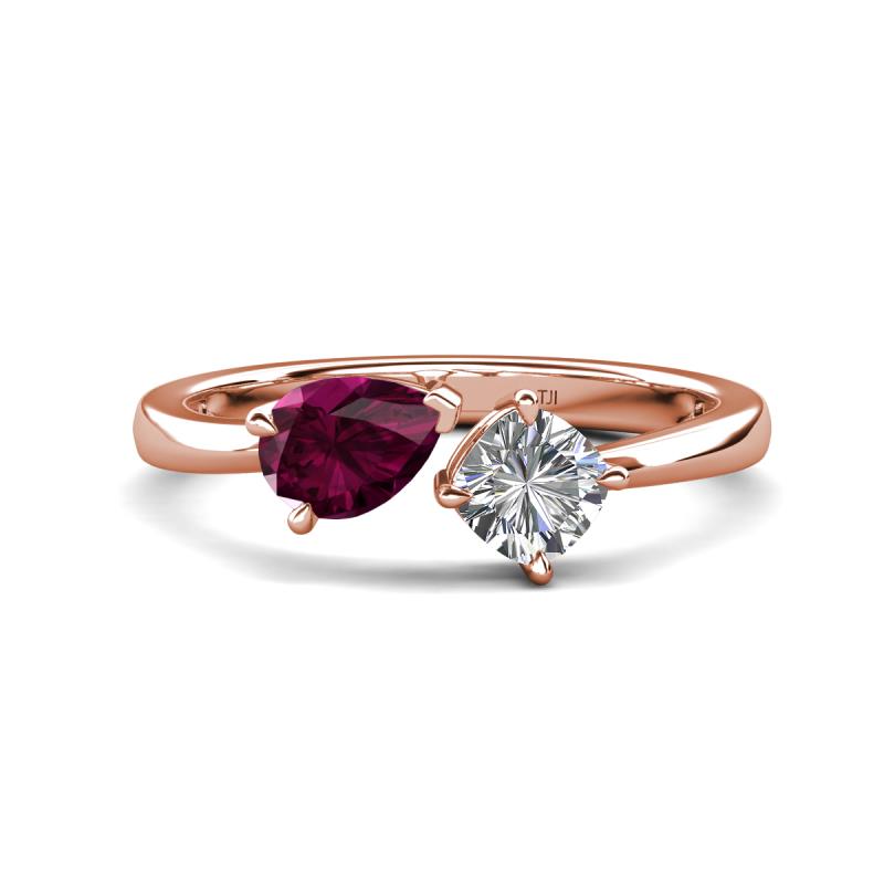 Lysha 1.47 ctw Rhodolite Garnet Pear Shape (7x5 mm) & Moissanite Cushion Shape (5.00 mm) Toi Et Moi Engagement Ring 