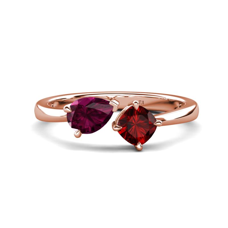Lysha 1.65 ctw Rhodolite Garnet Pear Shape (7x5 mm) & Red Garnet Cushion Shape (5.00 mm) Toi Et Moi Engagement Ring 