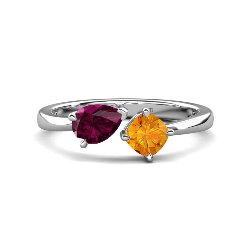 Lysha 1.40 ctw Rhodolite Garnet Pear Shape (7x5 mm) & Citrine Cushion Shape (5.00 mm) Toi Et Moi Engagement Ring 