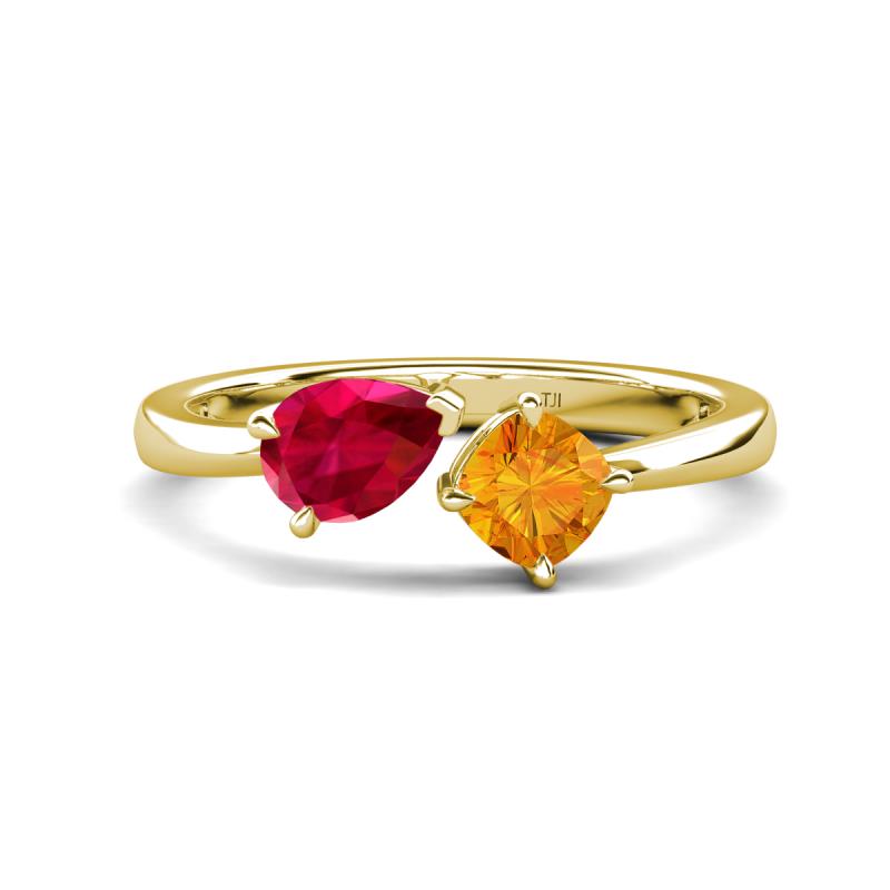 Lysha 1.45 ctw Ruby Pear Shape (7x5 mm) & Citrine Cushion Shape (5.00 mm) Toi Et Moi Engagement Ring 