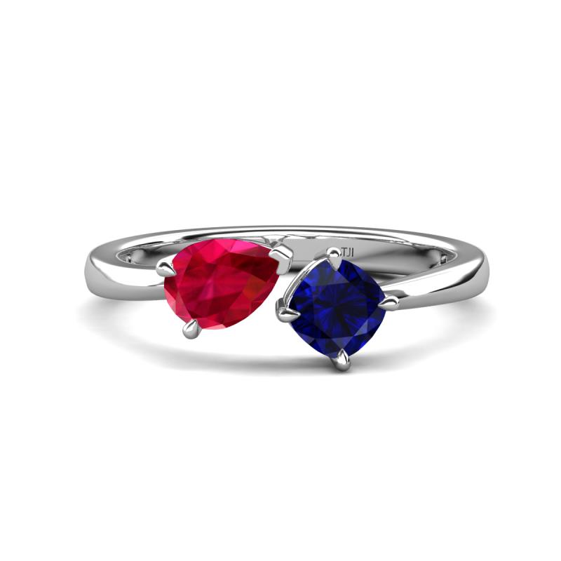 Lysha 1.76 ctw Ruby Pear Shape (7x5 mm) & Lab Created Blue Sapphire Cushion Shape (5.00 mm) Toi Et Moi Engagement Ring 