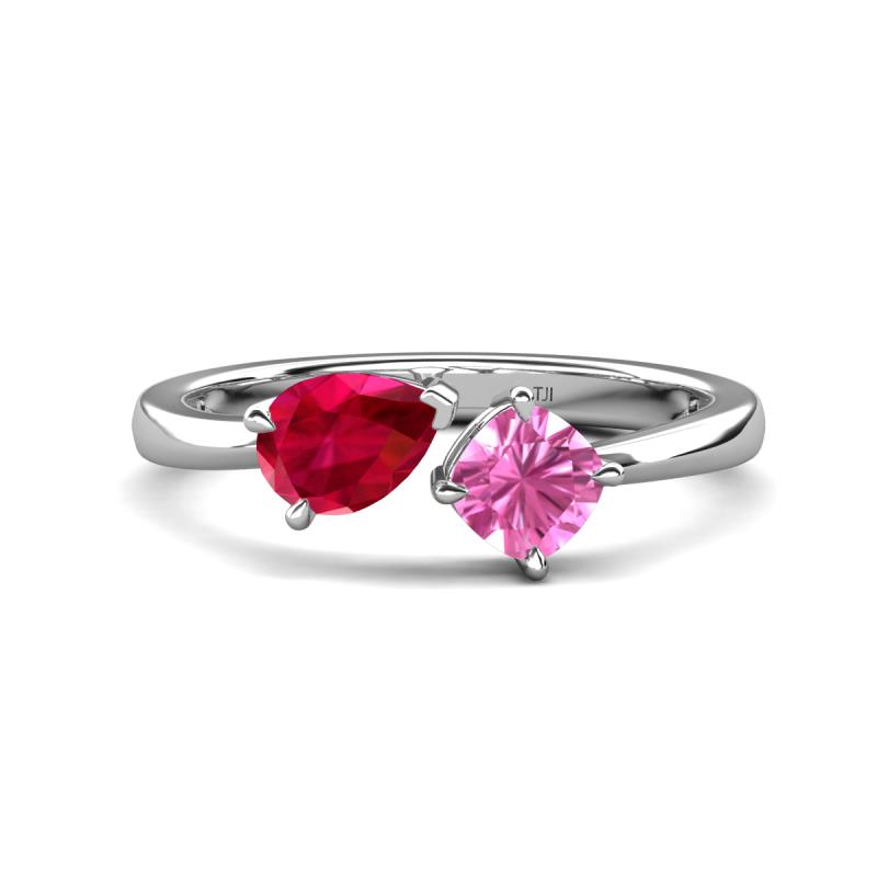 Lysha 1.76 ctw Ruby Pear Shape (7x5 mm) & Lab Created Pink Sapphire Cushion Shape (5.00 mm) Toi Et Moi Engagement Ring 