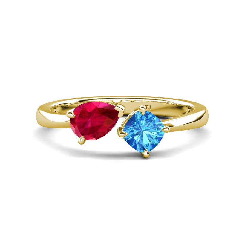 Lysha 1.70 ctw Ruby Pear Shape (7x5 mm) & Blue Topaz Cushion Shape (5.00 mm) Toi Et Moi Engagement Ring 