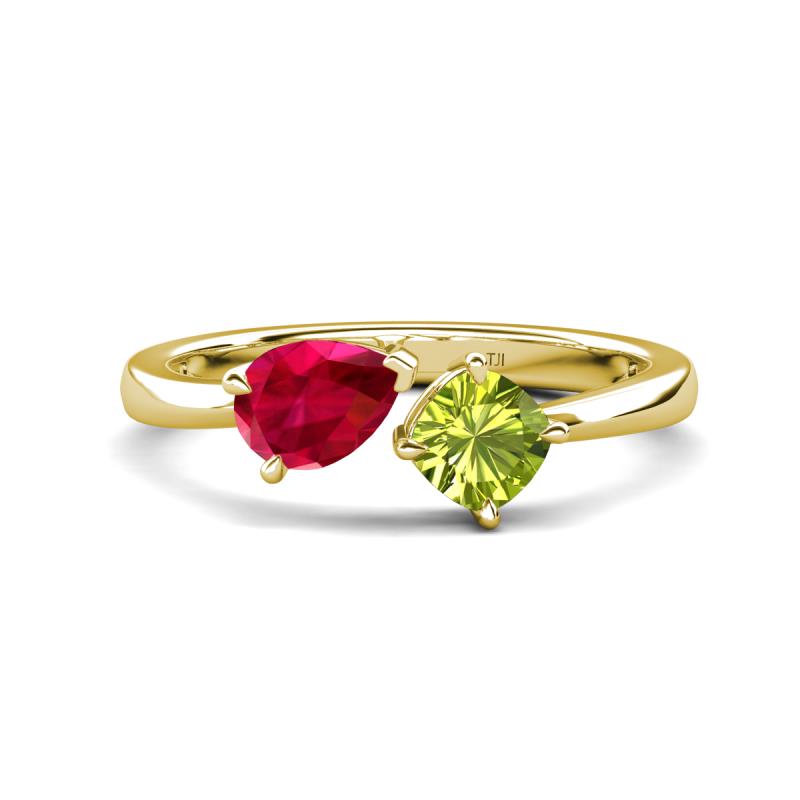 Lysha 1.60 ctw Ruby Pear Shape (7x5 mm) & Peridot Cushion Shape (5.00 mm) Toi Et Moi Engagement Ring 