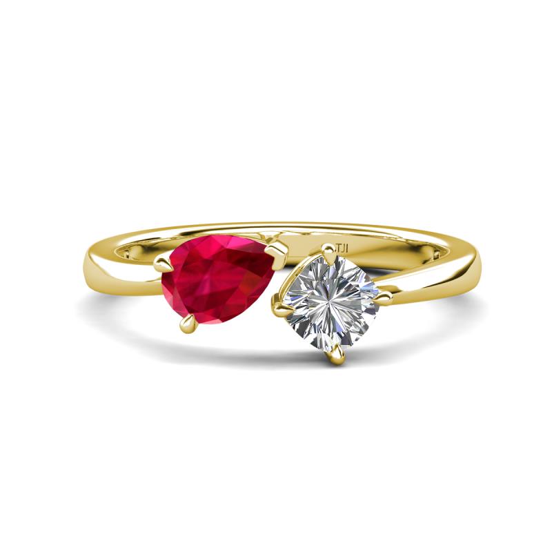 Lysha 1.52 ctw Ruby Pear Shape (7x5 mm) & Moissanite Cushion Shape (5.00 mm) Toi Et Moi Engagement Ring 