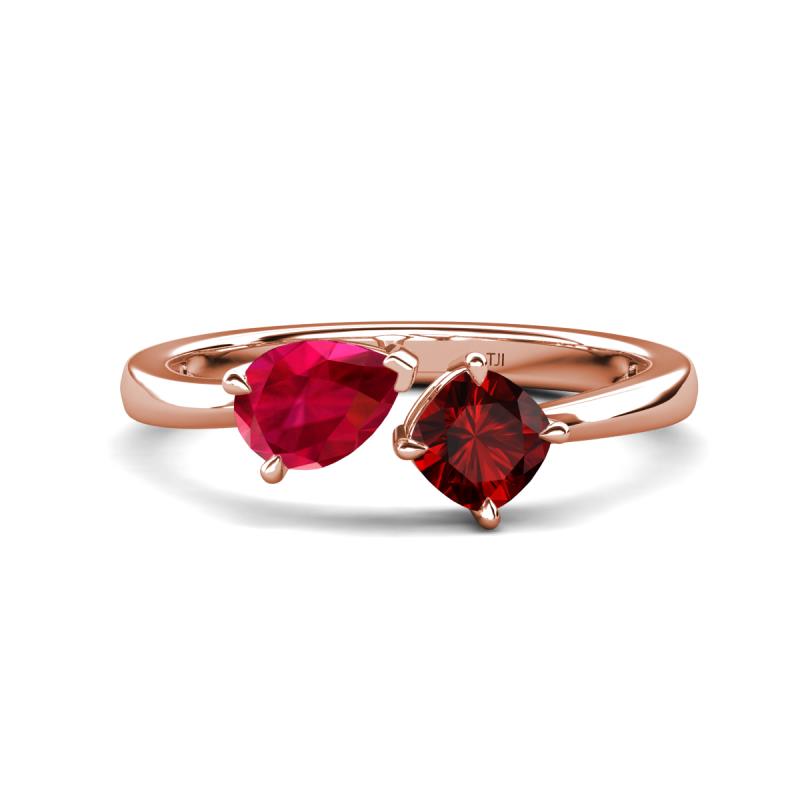 Lysha 1.70 ctw Ruby Pear Shape (7x5 mm) & Red Garnet Cushion Shape (5.00 mm) Toi Et Moi Engagement Ring 