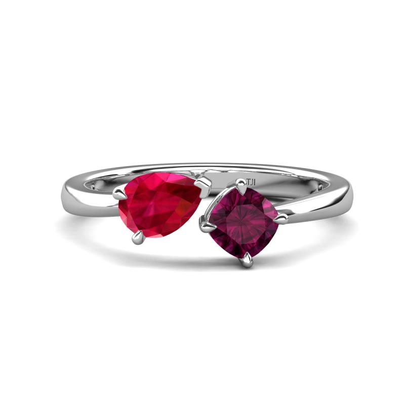 Lysha 1.57 ctw Ruby Pear Shape (7x5 mm) & Rhodolite Garnet Cushion Shape (5.00 mm) Toi Et Moi Engagement Ring 