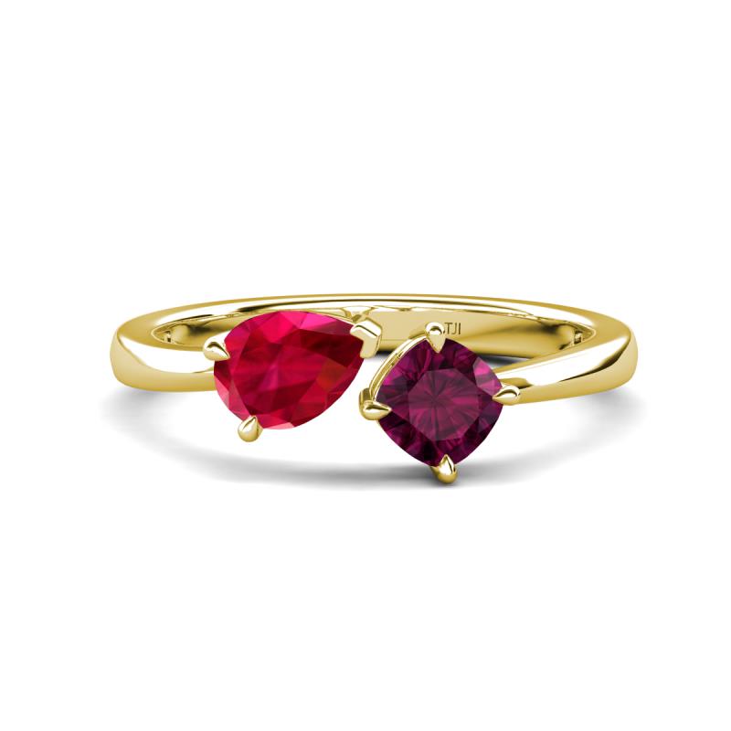 Lysha 1.57 ctw Ruby Pear Shape (7x5 mm) & Rhodolite Garnet Cushion Shape (5.00 mm) Toi Et Moi Engagement Ring 