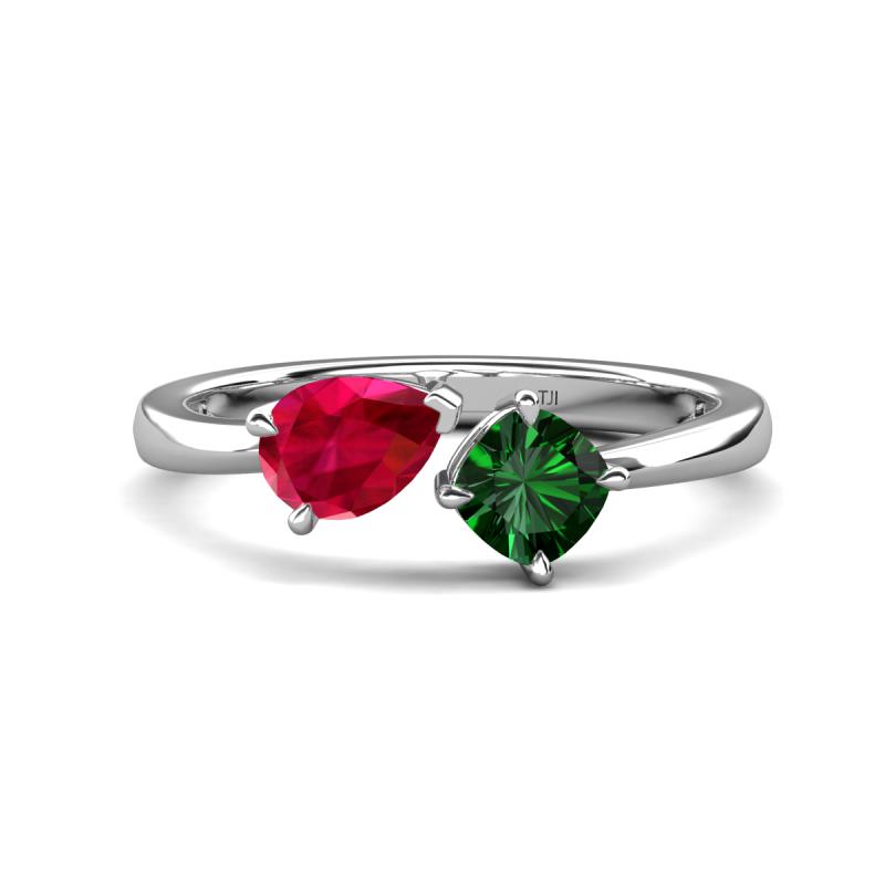 Lysha 1.50 ctw Ruby Pear Shape (7x5 mm) & Lab Created Emerald Cushion Shape (5.00 mm) Toi Et Moi Engagement Ring 