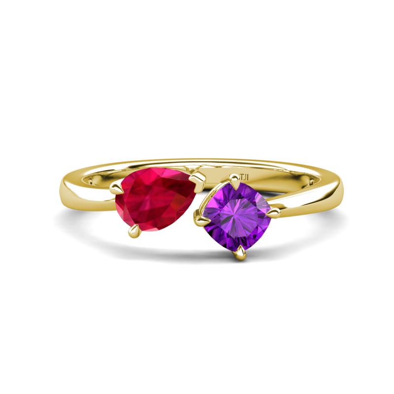 Lysha 1.45 ctw Ruby Pear Shape (7x5 mm) & Amethyst Cushion Shape (5.00 mm) Toi Et Moi Engagement Ring 