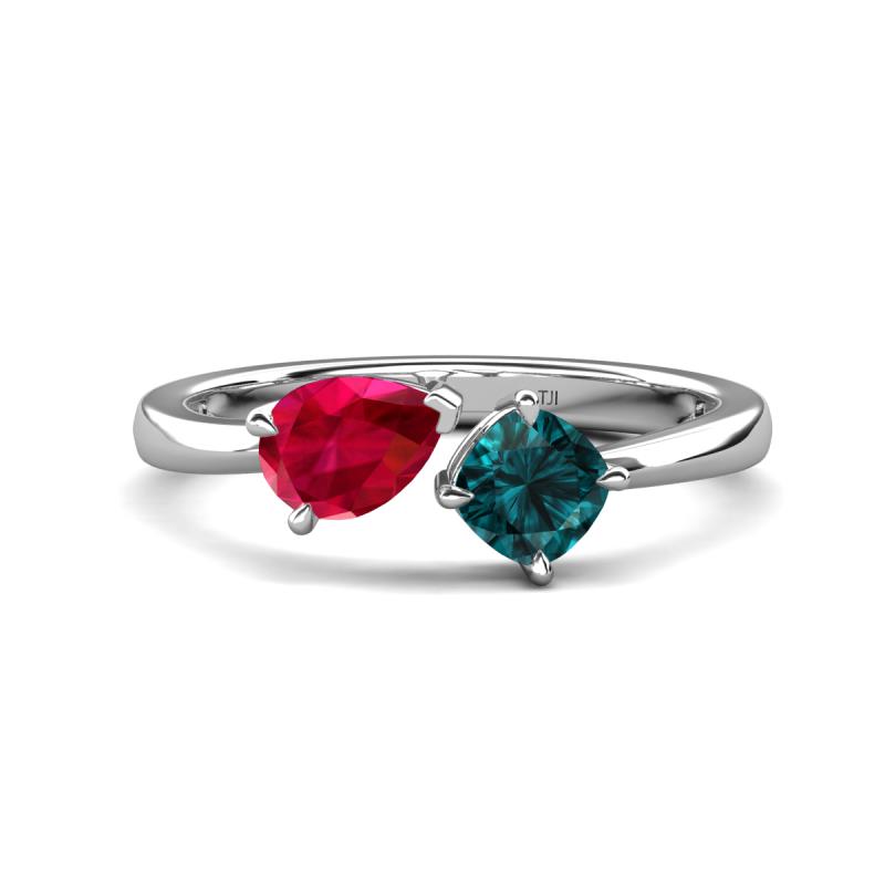 Lysha 1.70 ctw Ruby Pear Shape (7x5 mm) & London Blue Topaz Cushion Shape (5.00 mm) Toi Et Moi Engagement Ring 