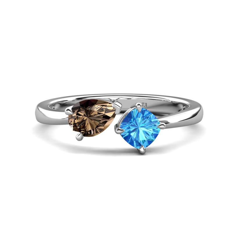 Lysha 1.40 ctw Smoky Quartz Pear Shape (7x5 mm) & Blue Topaz Cushion Shape (5.00 mm) Toi Et Moi Engagement Ring 