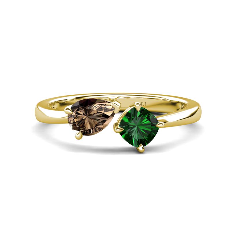 Lysha 1.20 ctw Smoky Quartz Pear Shape (7x5 mm) & Lab Created Emerald Cushion Shape (5.00 mm) Toi Et Moi Engagement Ring 