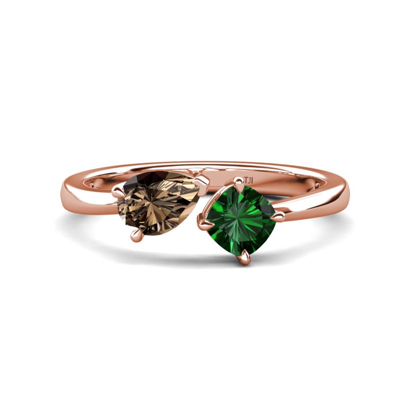 Lysha 1.20 ctw Smoky Quartz Pear Shape (7x5 mm) & Lab Created Emerald Cushion Shape (5.00 mm) Toi Et Moi Engagement Ring 