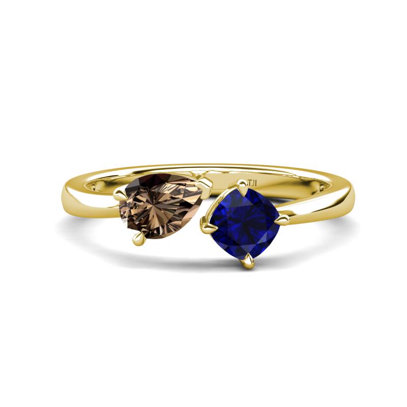 Lysha 1.46 ctw Smoky Quartz Pear Shape (7x5 mm) & Lab Created Blue Sapphire Cushion Shape (5.00 mm) Toi Et Moi Engagement Ring 