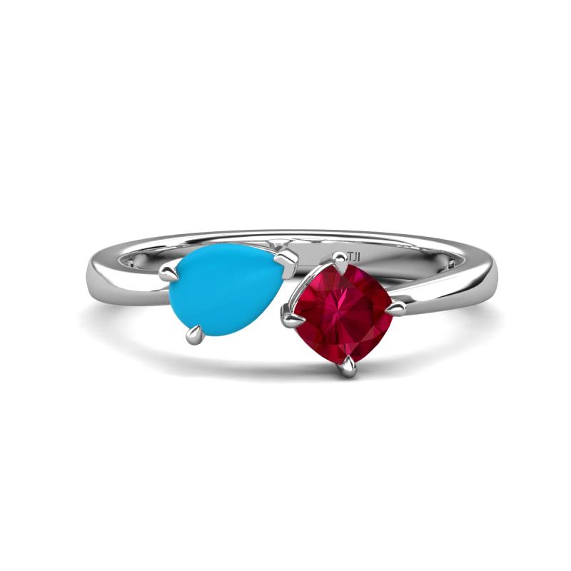 Lysha 1.16 ctw Turquoise Pear Shape (7x5 mm) & Lab Created Ruby Cushion Shape (5.00 mm) Toi Et Moi Engagement Ring 