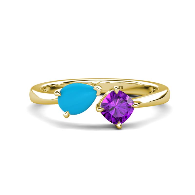 Lysha 0.85 ctw Turquoise Pear Shape (7x5 mm) & Amethyst Cushion Shape (5.00 mm) Toi Et Moi Engagement Ring 