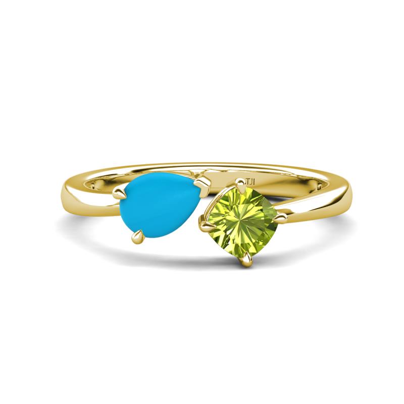 Lysha 1.00 ctw Turquoise Pear Shape (7x5 mm) & Peridot Cushion Shape (5.00 mm) Toi Et Moi Engagement Ring 