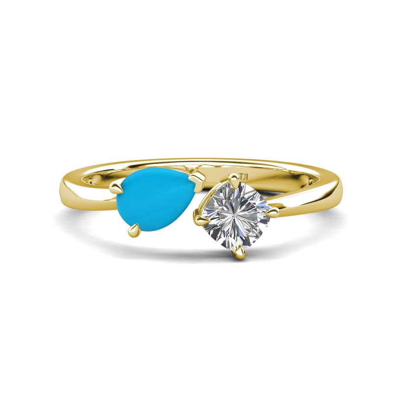 Lysha 0.92 ctw Turquoise Pear Shape (7x5 mm) & Moissanite Cushion Shape (5.00 mm) Toi Et Moi Engagement Ring 