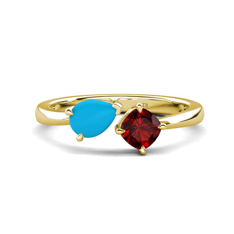 Lysha 1.10 ctw Turquoise Pear Shape (7x5 mm) & Red Garnet Cushion Shape (5.00 mm) Toi Et Moi Engagement Ring 