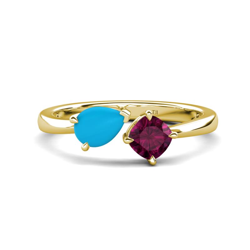 Lysha 0.97 ctw Turquoise Pear Shape (7x5 mm) & Rhodolite Garnet Cushion Shape (5.00 mm) Toi Et Moi Engagement Ring 