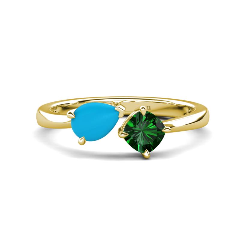 Lysha 0.90 ctw Turquoise Pear Shape (7x5 mm) & Lab Created Emerald Cushion Shape (5.00 mm) Toi Et Moi Engagement Ring 
