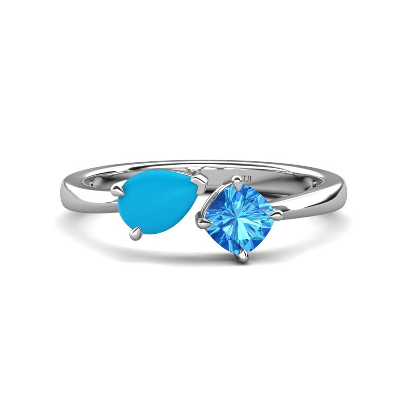 Lysha 1.10 ctw Turquoise Pear Shape (7x5 mm) & Blue Topaz Cushion Shape (5.00 mm) Toi Et Moi Engagement Ring 