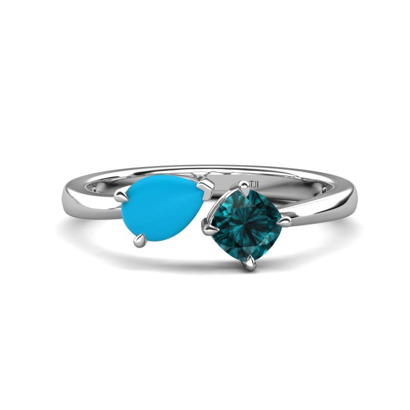 Lysha 1.10 ctw Turquoise Pear Shape (7x5 mm) & London Blue Topaz Cushion Shape (5.00 mm) Toi Et Moi Engagement Ring 
