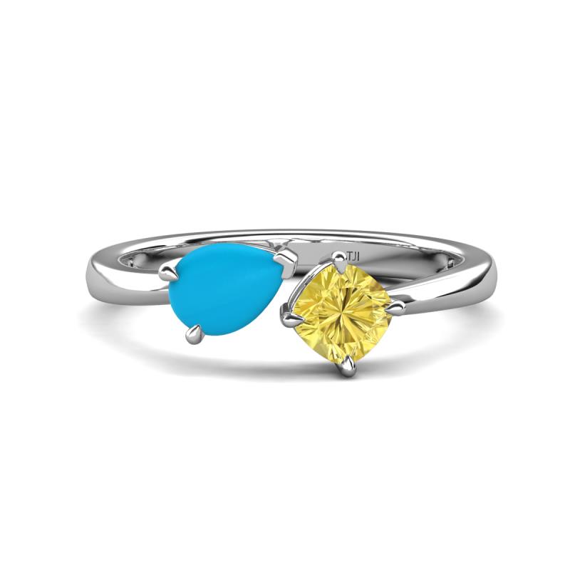 Lysha 1.16 ctw Turquoise Pear Shape (7x5 mm) & Lab Created Yellow Sapphire Cushion Shape (5.00 mm) Toi Et Moi Engagement Ring 