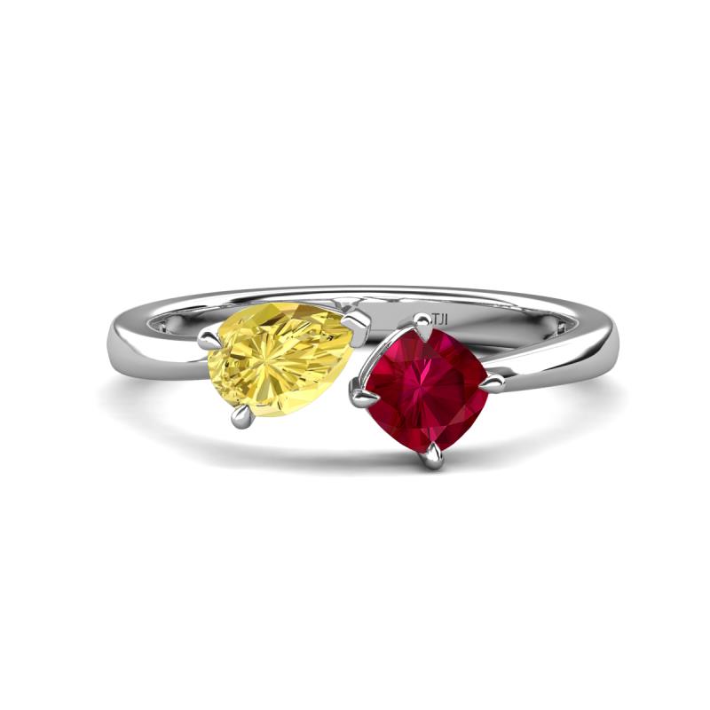 Lysha 1.71 ctw Yellow Sapphire Pear Shape (7x5 mm) & Lab Created Ruby Cushion Shape (5.00 mm) Toi Et Moi Engagement Ring 
