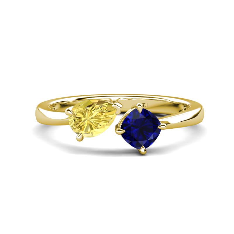 Lysha 1.71 ctw Yellow Sapphire Pear Shape (7x5 mm) & Lab Created Blue Sapphire Cushion Shape (5.00 mm) Toi Et Moi Engagement Ring 