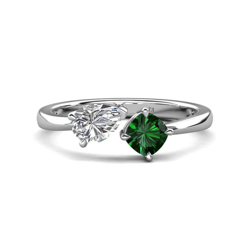 Lysha 1.45 ctw White Sapphire Pear Shape (7x5 mm) & Lab Created Emerald Cushion Shape (5.00 mm) Toi Et Moi Engagement Ring 