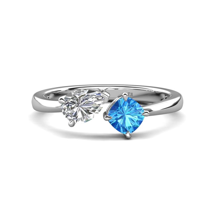 Lysha 1.65 ctw White Sapphire Pear Shape (7x5 mm) & Blue Topaz Cushion Shape (5.00 mm) Toi Et Moi Engagement Ring 