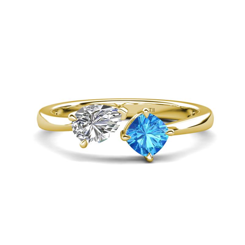 Lysha 1.65 ctw White Sapphire Pear Shape (7x5 mm) & Blue Topaz Cushion Shape (5.00 mm) Toi Et Moi Engagement Ring 